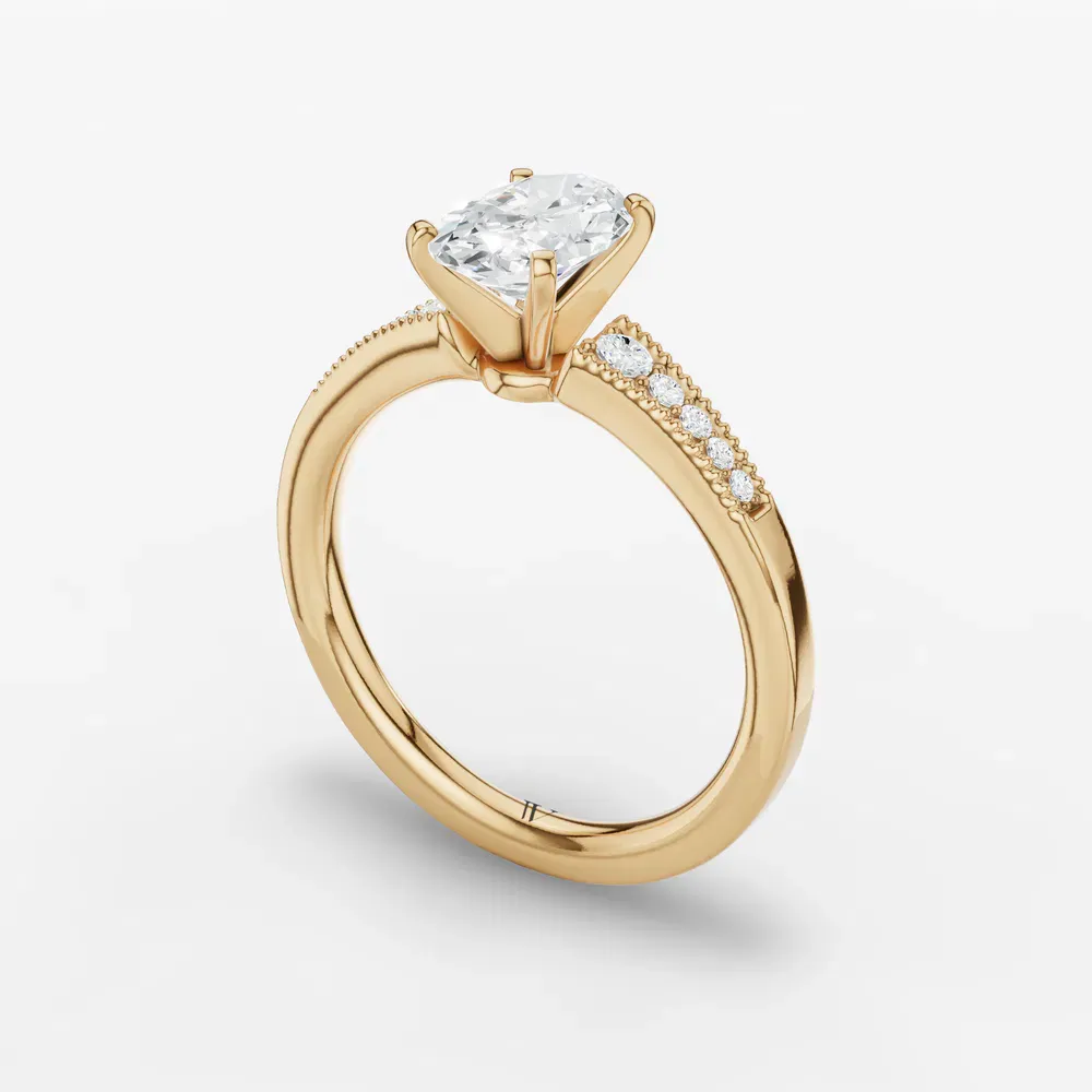 Certified 1 carat Lab Grown Diamond Oval Cut Milgrain, Pavé, Side Stone Engagement Ring in 14K Yellow Gold-Rosca
