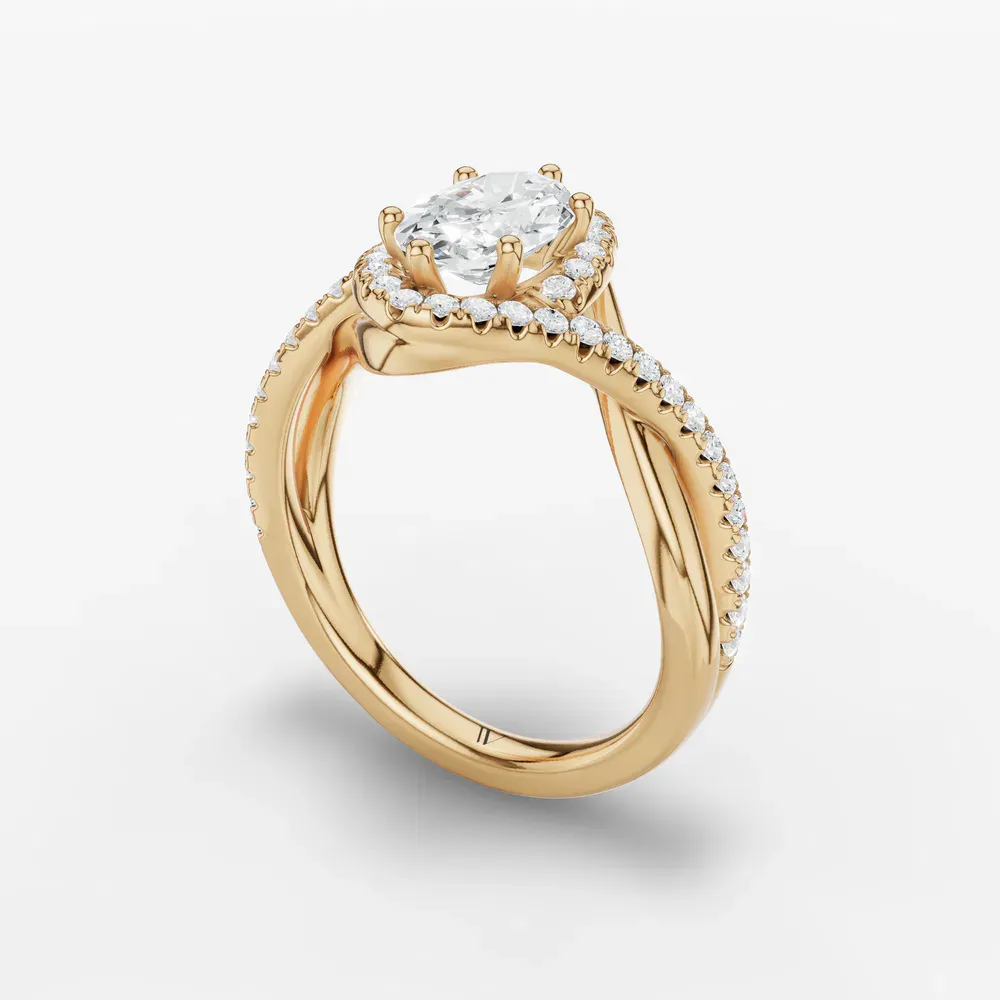 Certified 1 carat Lab Grown Diamond Oval Cut Halo, Pavé, Twist Engagement Ring in 14K Yellow Gold-Dell