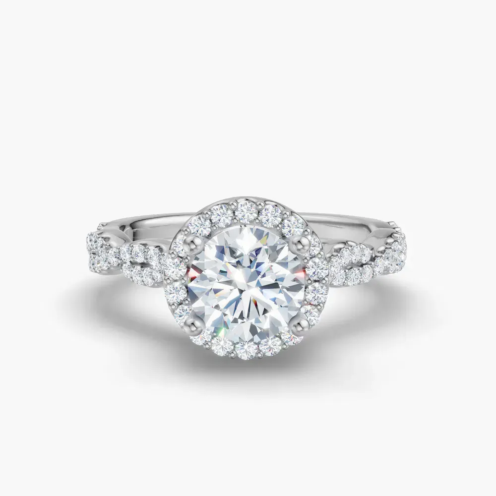 Certified 1 carat Lab Grown Diamond Round Cut Halo, Pavé, Twist Engagement Ring in 14K White Gold-Meraki