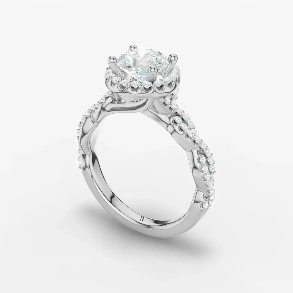Certified 1 carat Lab Grown Diamond Round Cut Halo, Pavé, Twist Engagement Ring in 14K White Gold-Meraki