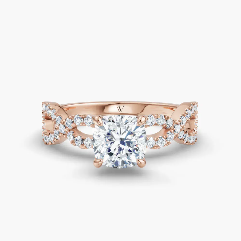 Certified 1 carat Lab Grown Diamond Cushion Cut Infinity, Twist, Pavé Engagement Ring in 14K Rose Gold-Aurelia