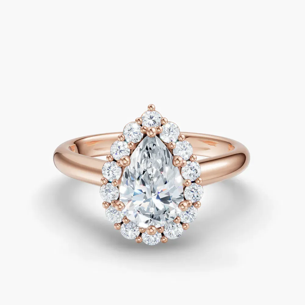 Certified 1 carat Lab Grown Diamond Pear Cut Cathedral, Halo, Floral Engagement Ring in 14K Rose Gold-Arwen