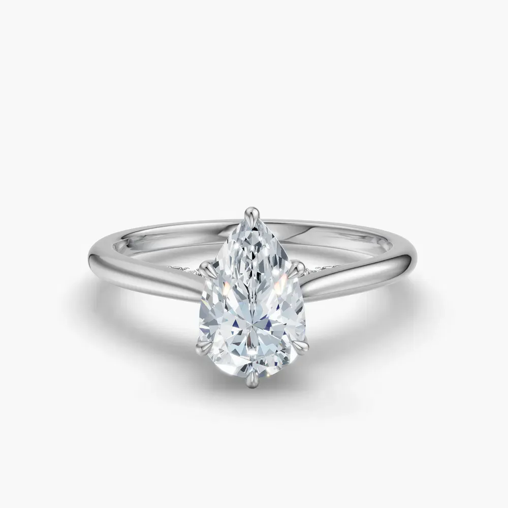 Certified 1 carat Lab Grown Diamond Pear Cut Hidden Halo, Cathedral, Solitaire Engagement Ring in 14K White Gold-Wrenq