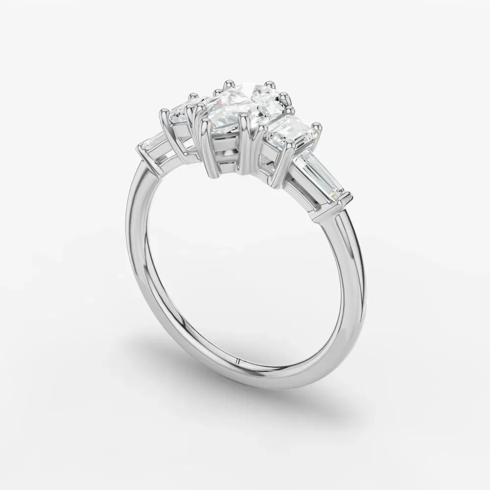 Certified 1 carat Lab Grown Diamond Pear Cut Five Stone, Baguette, Art Deco Engagement Ring in 14K White Gold-Olume