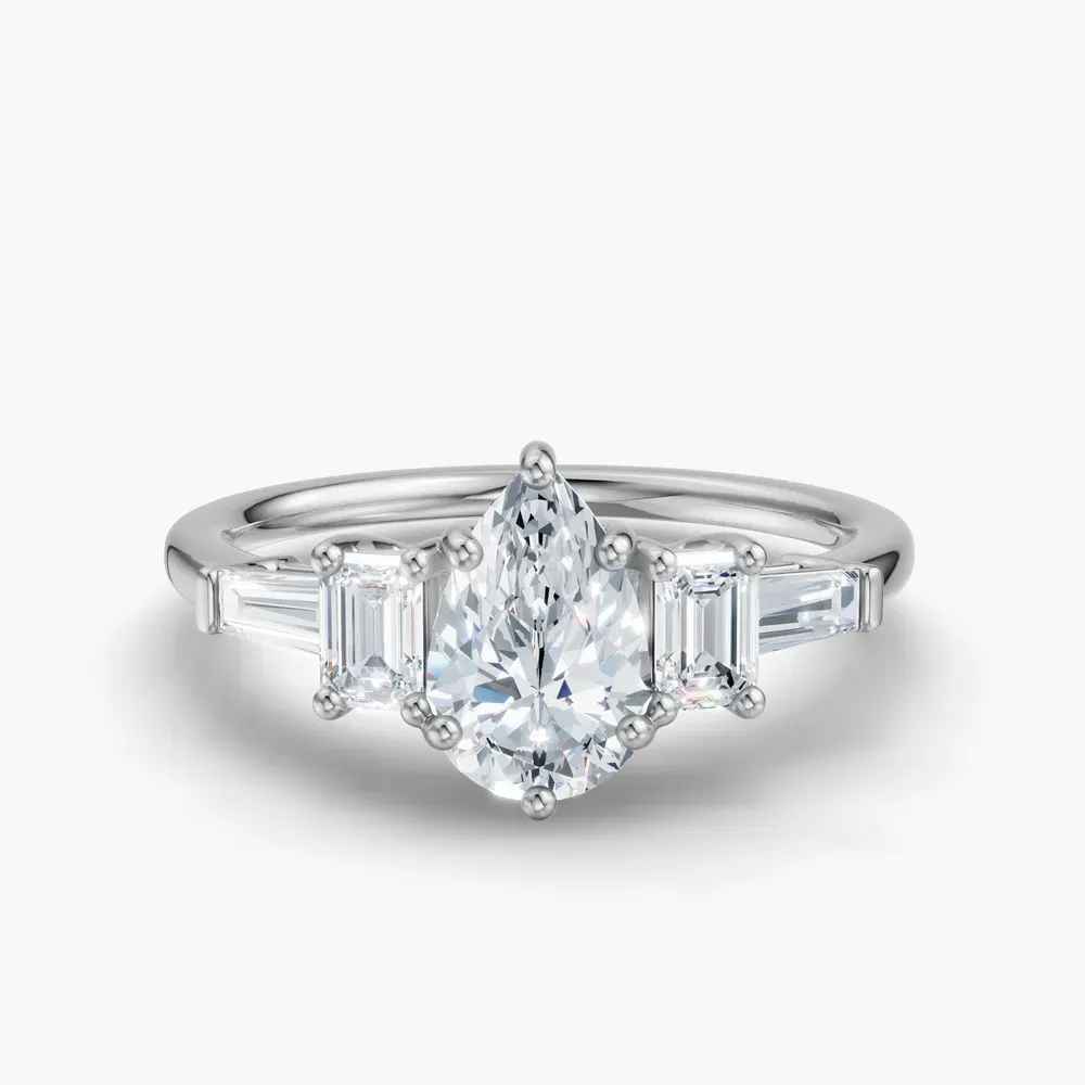 Certified 1 carat Lab Grown Diamond Pear Cut Five Stone, Baguette, Art Deco Engagement Ring in 14K White Gold-Olume