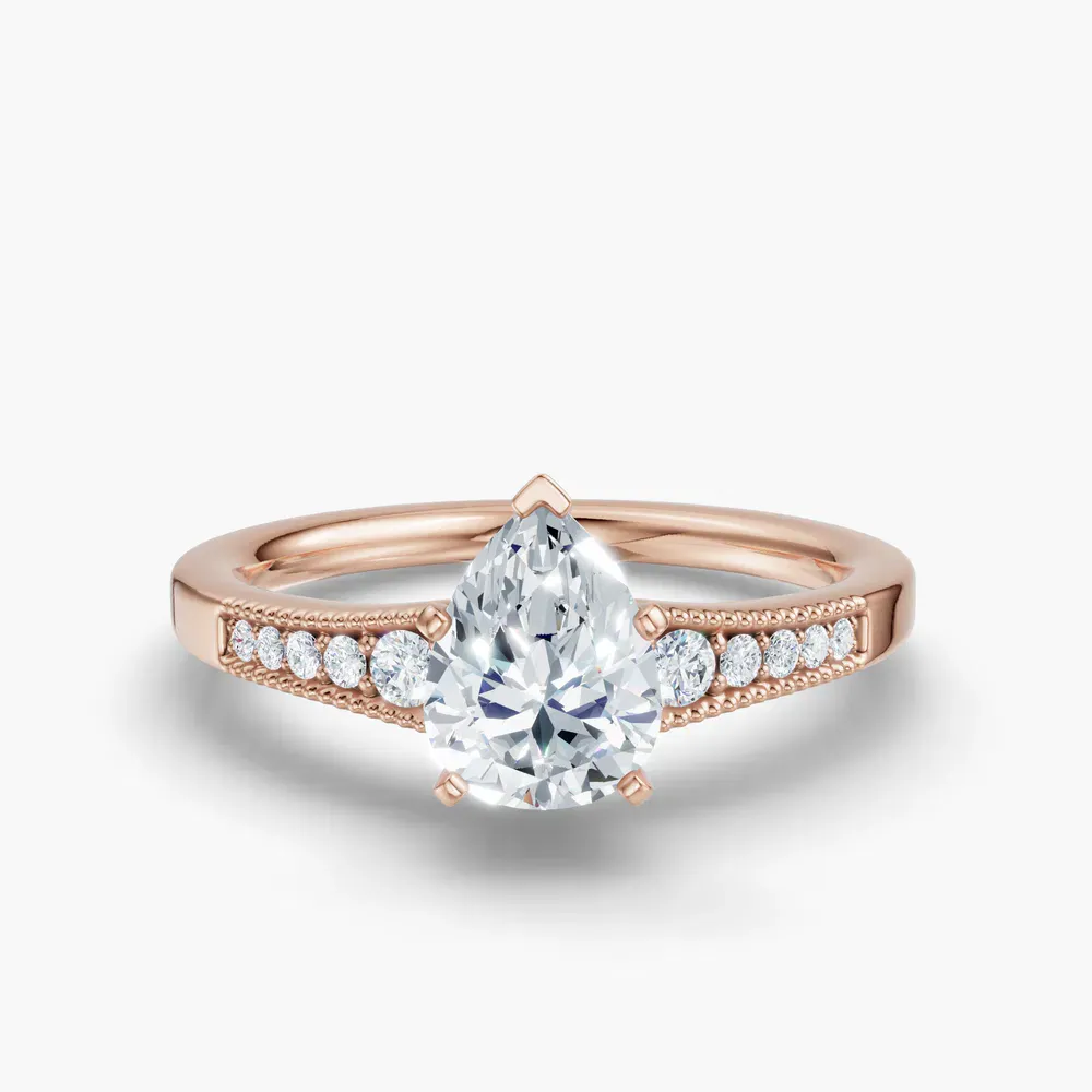 Certified 1 carat Lab Grown Diamond Pear Cut Milgrain, Pavé, Side Stone Engagement Ring in 14K Rose Gold-Rosca