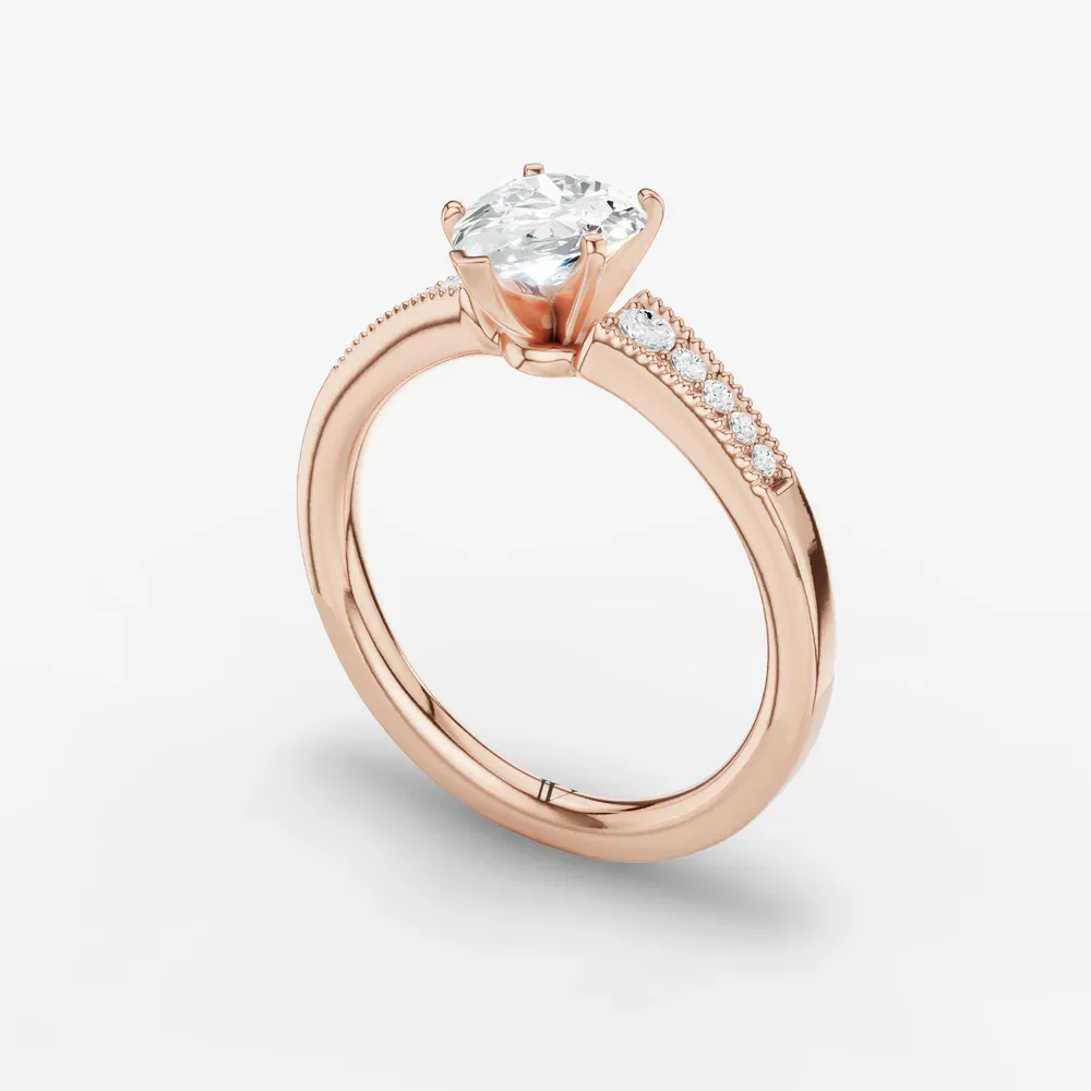 Certified 1 carat Lab Grown Diamond Pear Cut Milgrain, Pavé, Side Stone Engagement Ring in 14K Rose Gold-Rosca