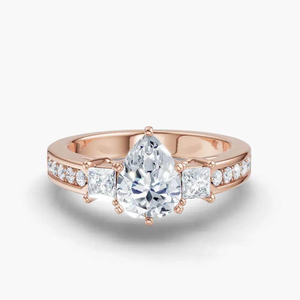 Certified 1 carat Lab Grown Diamond Pear Cut Three Stone, Pavé, Channel Set Engagement Ring in 14K Rose Gold-Velis