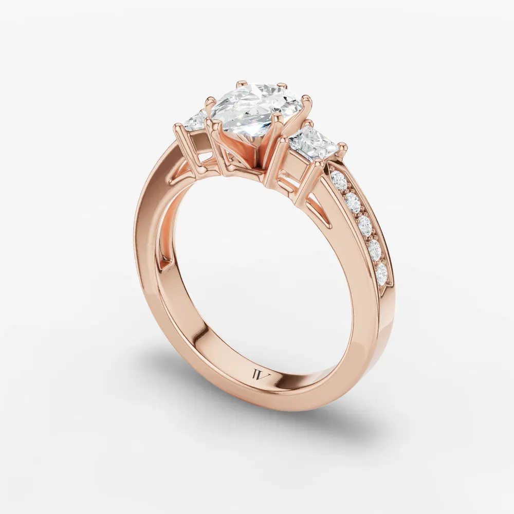 Certified 1 carat Lab Grown Diamond Pear Cut Three Stone, Pavé, Channel Set Engagement Ring in 14K Rose Gold-Velis
