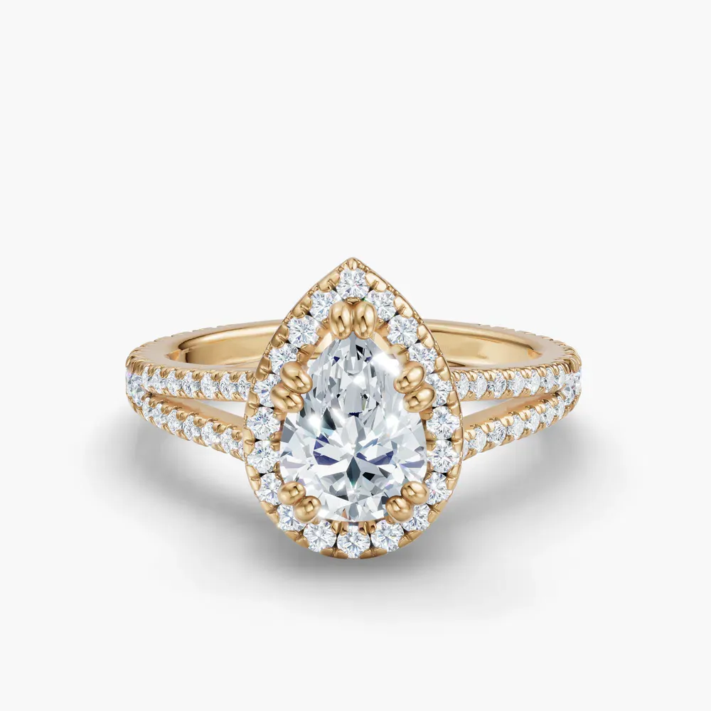 Certified 1 carat Lab Grown Diamond Pear Cut Pavé, Halo, Cathedral Engagement Ring in 14K Yellow Gold-Gexis