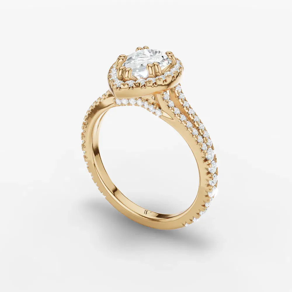 Certified 1 carat Lab Grown Diamond Pear Cut Pavé, Halo, Cathedral Engagement Ring in 14K Yellow Gold-Gexis