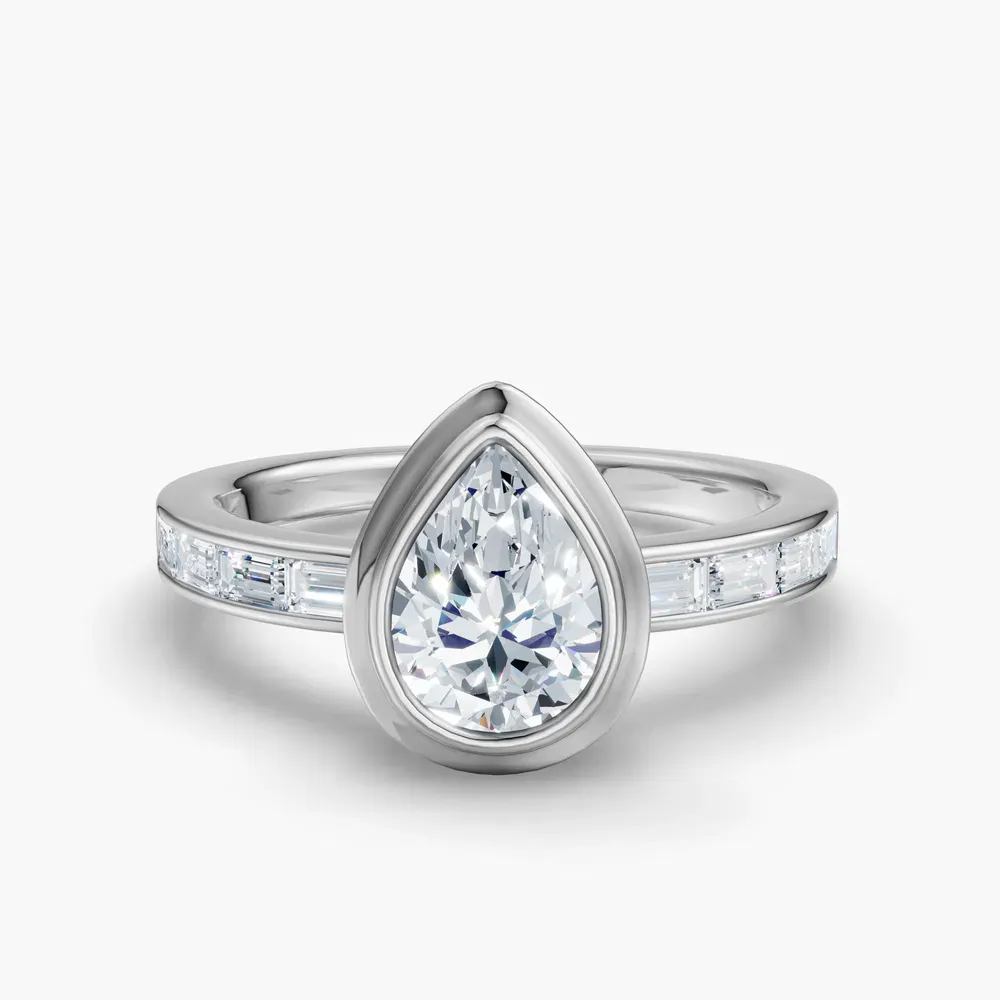 Certified 1 carat Lab Grown Diamond Pear Cut Bezel, Channel Set, Art Deco Engagement Ring in 14K White Gold-Celeste