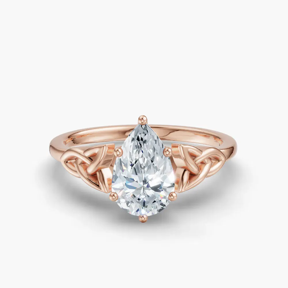 Certified 1 carat Lab Grown Diamond Pear Cut Solitaire, Cathedral, Celtic Engagement Ring in 14K Rose Gold-Vire
