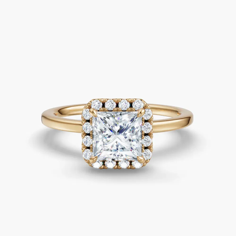 Certified 1 carat Lab Grown Diamond Princess Cut Halo, Hidden Halo Engagement Ring in 14K Yellow Gold-Elite Noctil