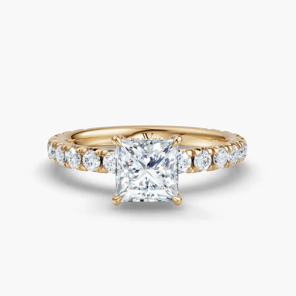 Certified 1 carat Lab Grown Diamond Princess Cut Pavé, Hidden Halo, Low profile Engagement Ring in 14K Yellow Gold-Cyrra