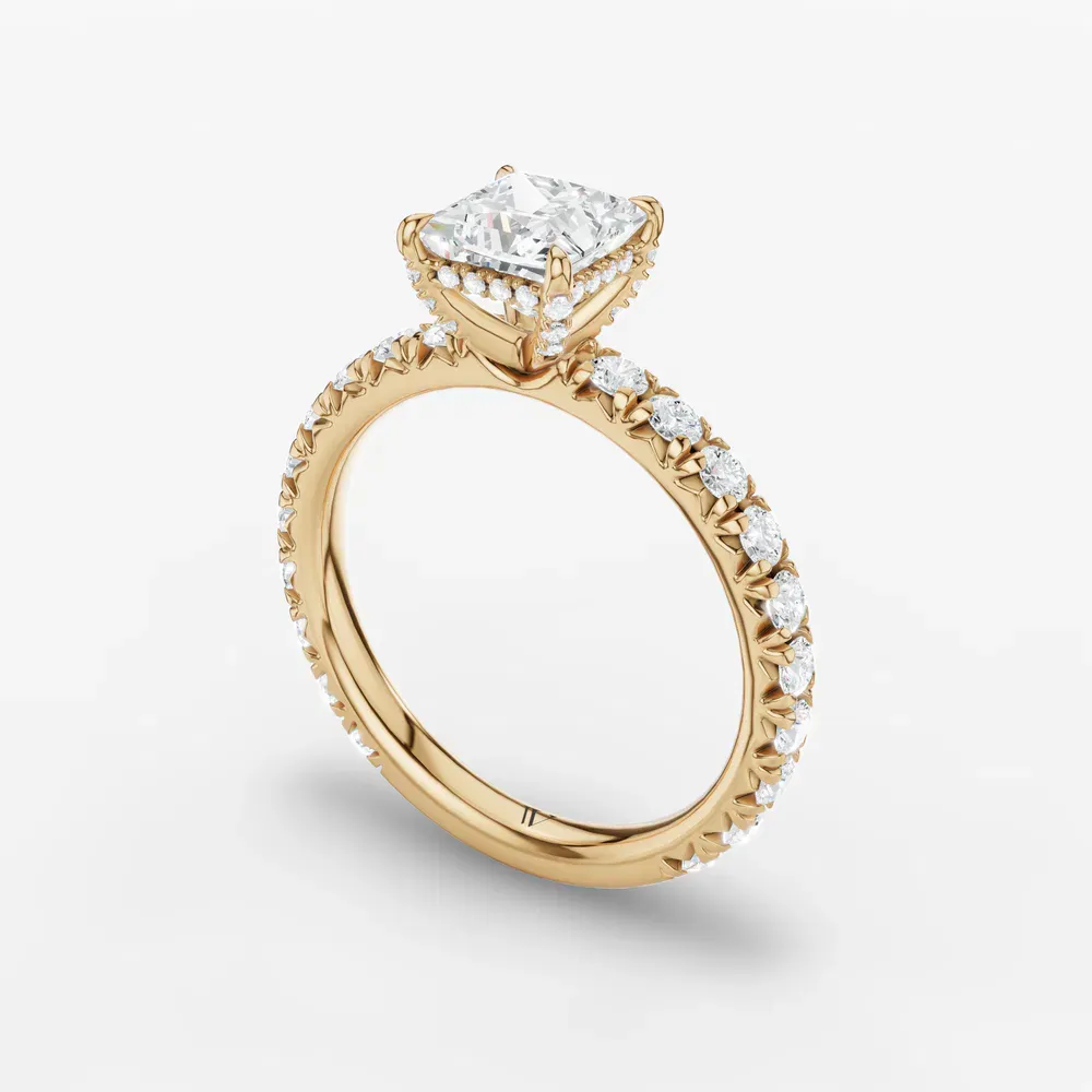 Certified 1 carat Lab Grown Diamond Princess Cut Pavé, Hidden Halo, Low profile Engagement Ring in 14K Yellow Gold-Cyrra