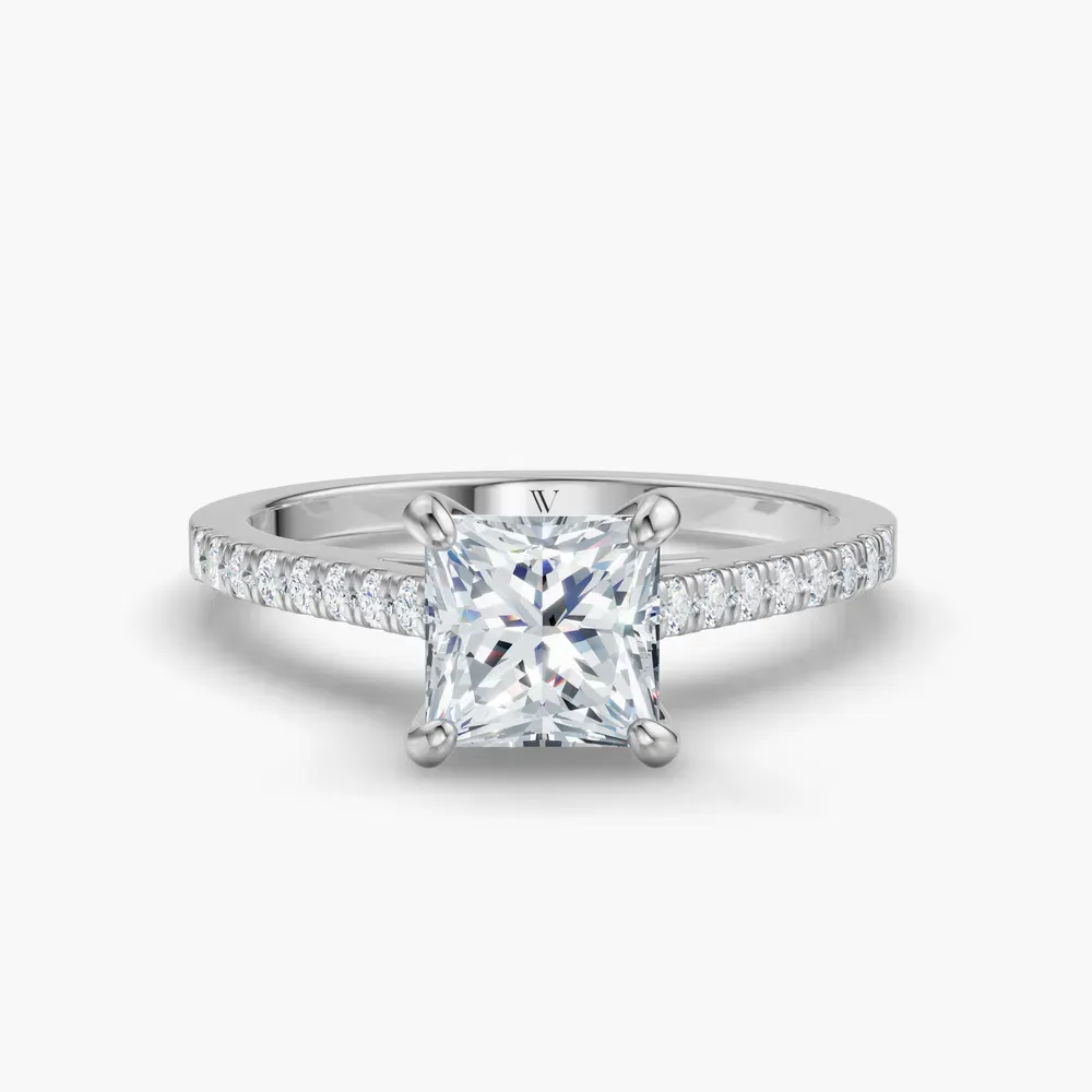 Certified 1 carat Lab Grown Diamond Princess Cut Pavé, Cathedral Engagement Ring in 14K White Gold-Zirellun