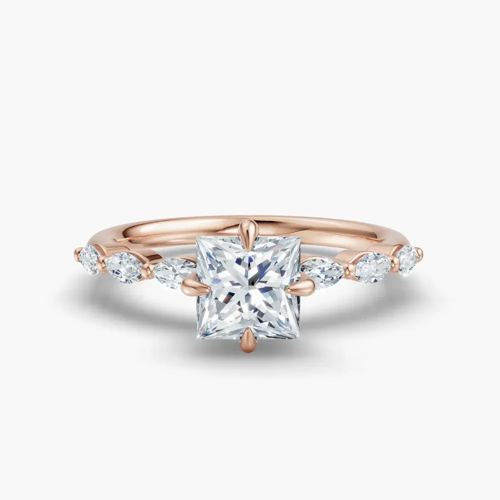Certified 1 carat Lab Grown Diamond Princess Cut Side Stone Engagement Ring in 14K Rose Gold-Garo