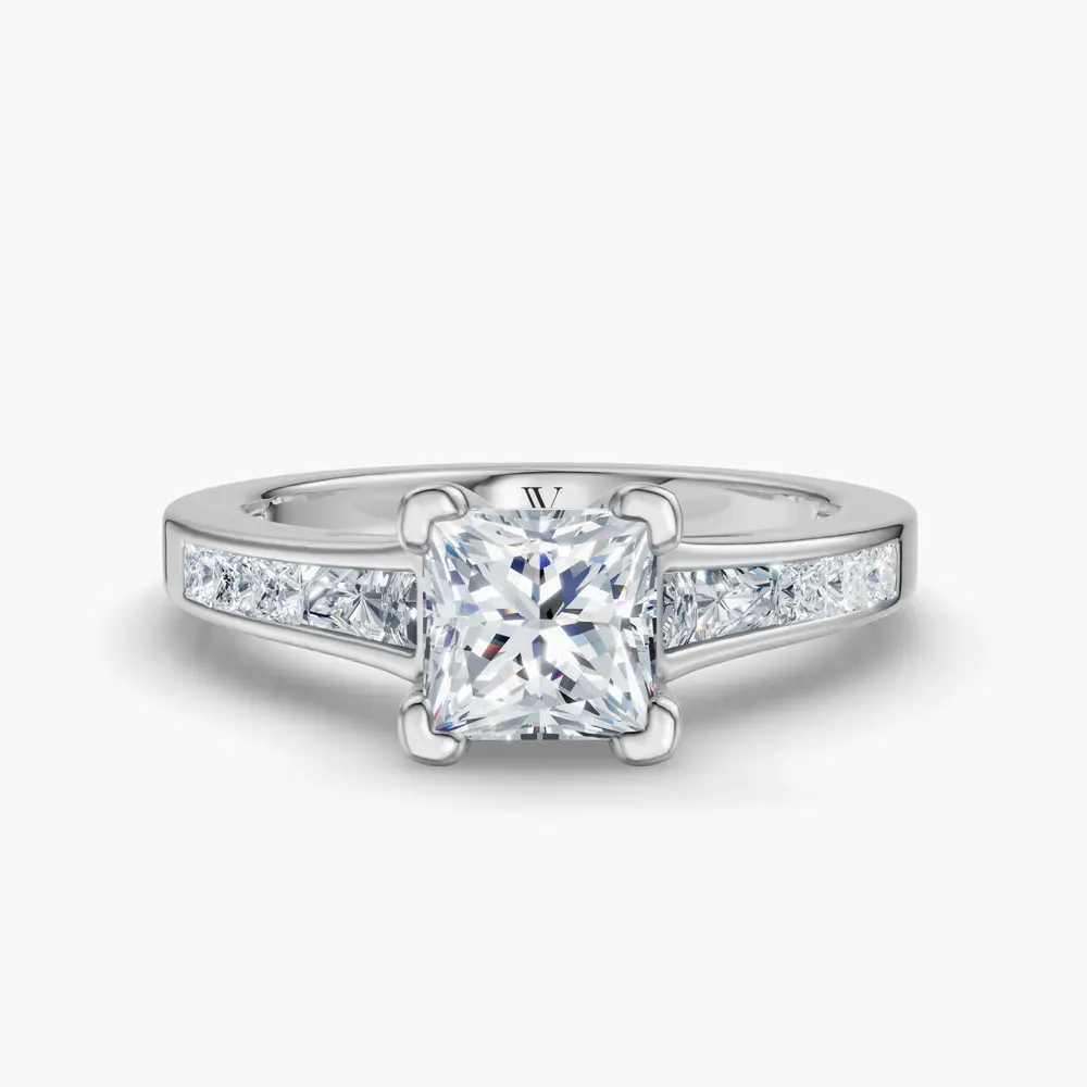 Certified 1 carat Lab Grown Diamond Princess Cut Channel Set, Baguette, Cathedral Engagement Ring in 14K White Gold-Gwynv