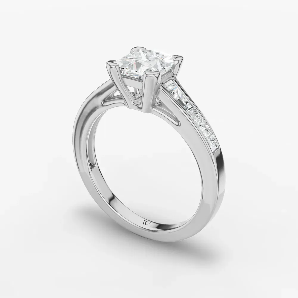 Certified 1 carat Lab Grown Diamond Princess Cut Channel Set, Baguette, Cathedral Engagement Ring in 14K White Gold-Gwynv