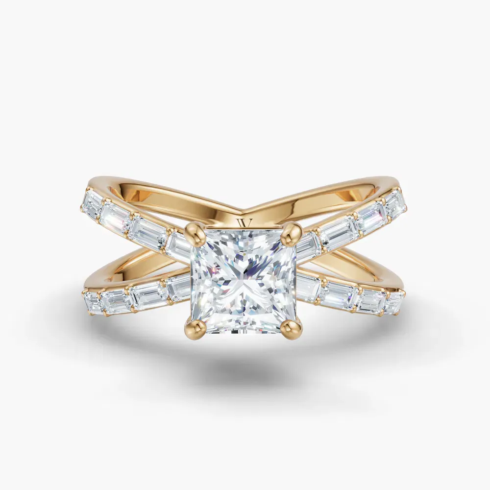 Certified 1 carat Lab Grown Diamond Princess Cut Baguette, Unique, Split Shank Engagement Ring in 14K Yellow Gold-Luminara