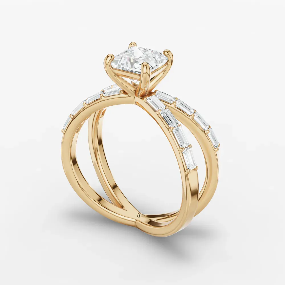 Certified 1 carat Lab Grown Diamond Princess Cut Baguette, Unique, Split Shank Engagement Ring in 14K Yellow Gold-Luminara