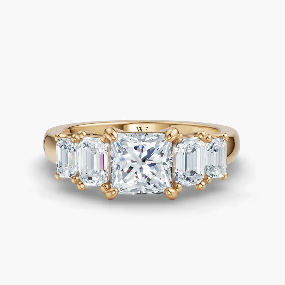 Certified 1 carat Lab Grown Diamond Princess Cut Five Stone, Side Stone Engagement Ring in 14K Yellow Gold-Osvh