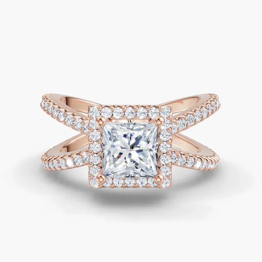 Certified 1 carat Lab Grown Diamond Princess Cut Pavé, Halo, Split Shank Engagement Ring in 14K Rose Gold-Xylius