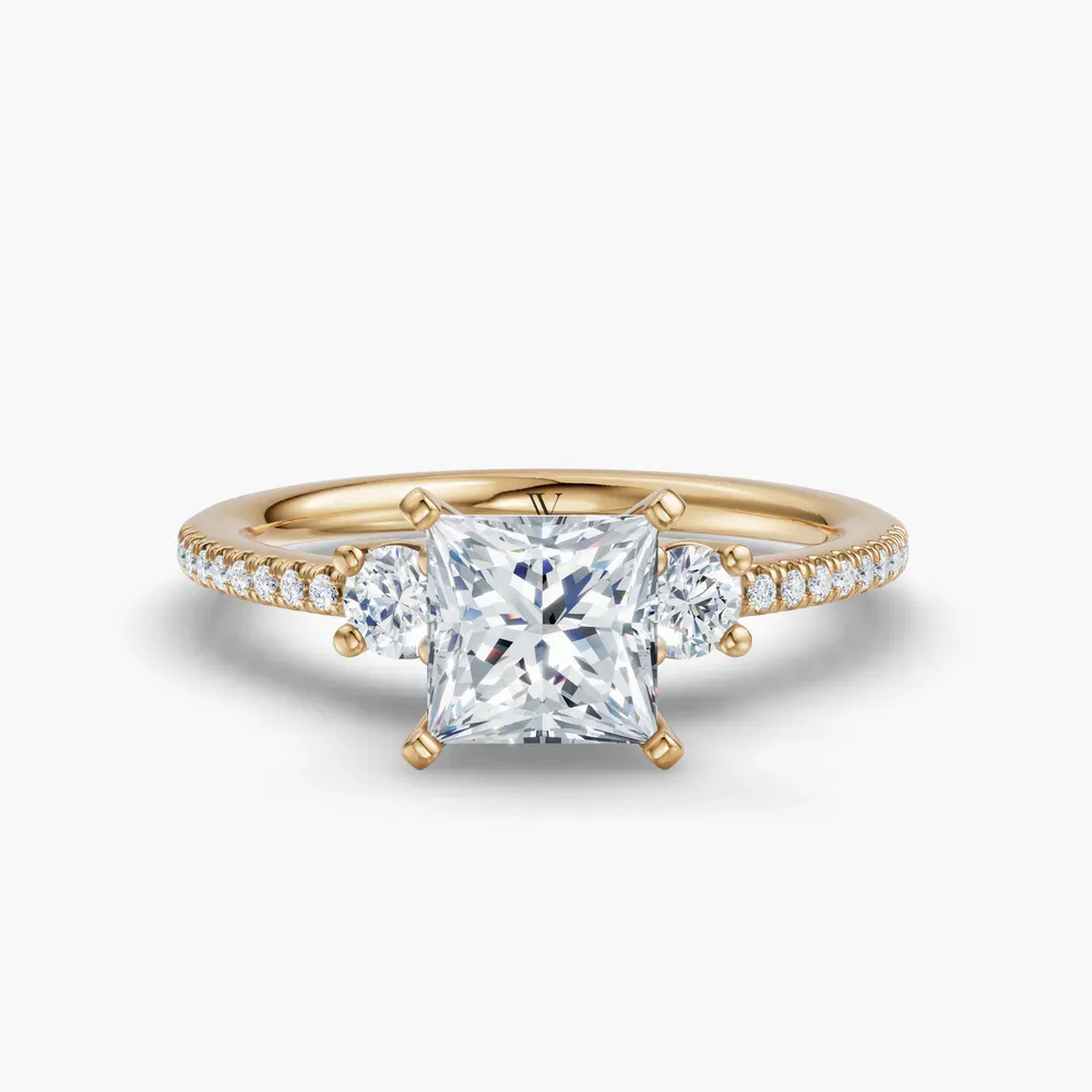 Certified 1 carat Lab Grown Diamond Princess Cut Three Stone, Pavé, Side Stone Engagement Ring in 14K Yellow Gold-Vynix