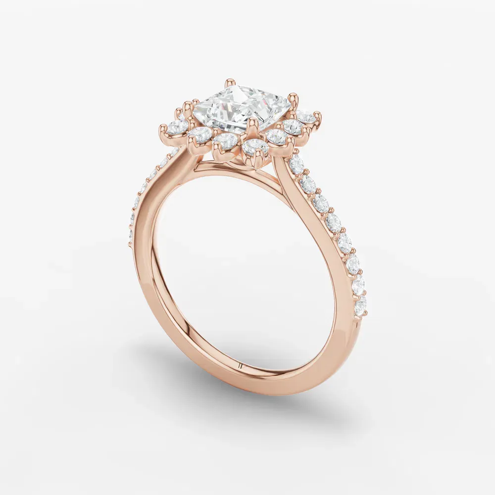 Certified 1 carat Lab Grown Diamond Princess Cut Pavé, Halo, Floral Engagement Ring in 14K Rose Gold-Elite Juniper