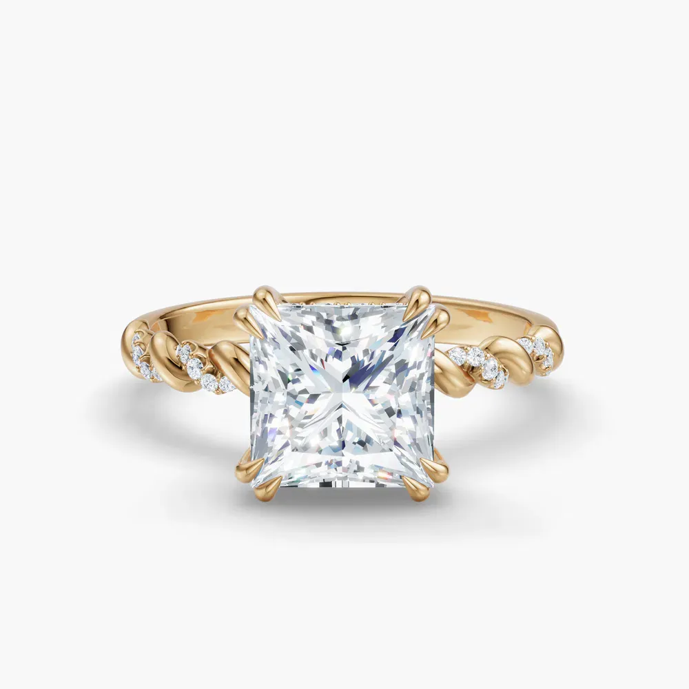 Certified 1 carat Lab Grown Diamond Princess Cut Pavé, Hidden Halo, Twist Engagement Ring in 14K Yellow Gold-Lior