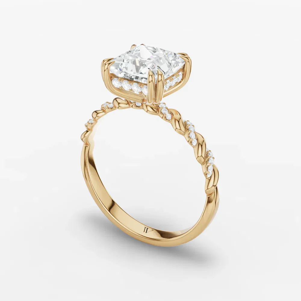 Certified 1 carat Lab Grown Diamond Princess Cut Pavé, Hidden Halo, Twist Engagement Ring in 14K Yellow Gold-Lior