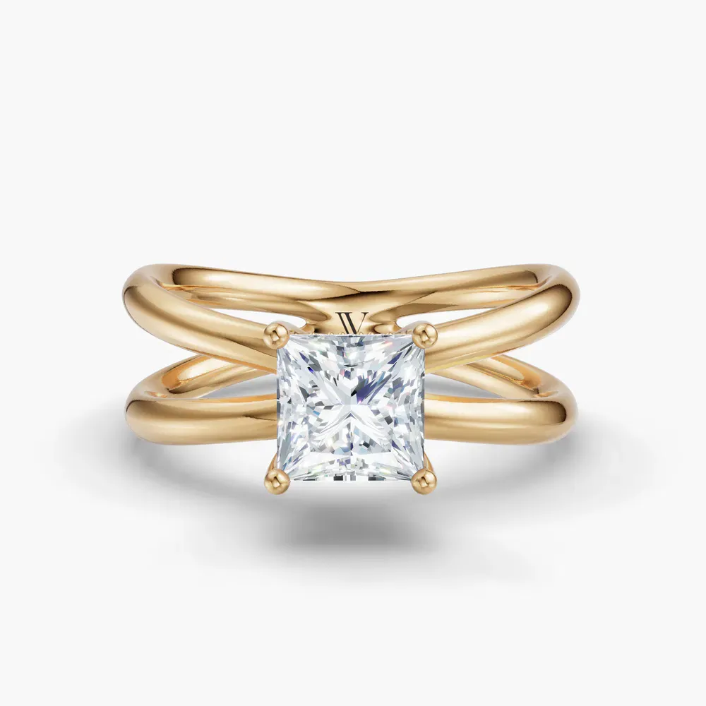 Certified 1 carat Lab Grown Diamond Princess Cut Solitaire, Split Shank, Hidden Halo Engagement Ring in 14K Yellow Gold-Ryn
