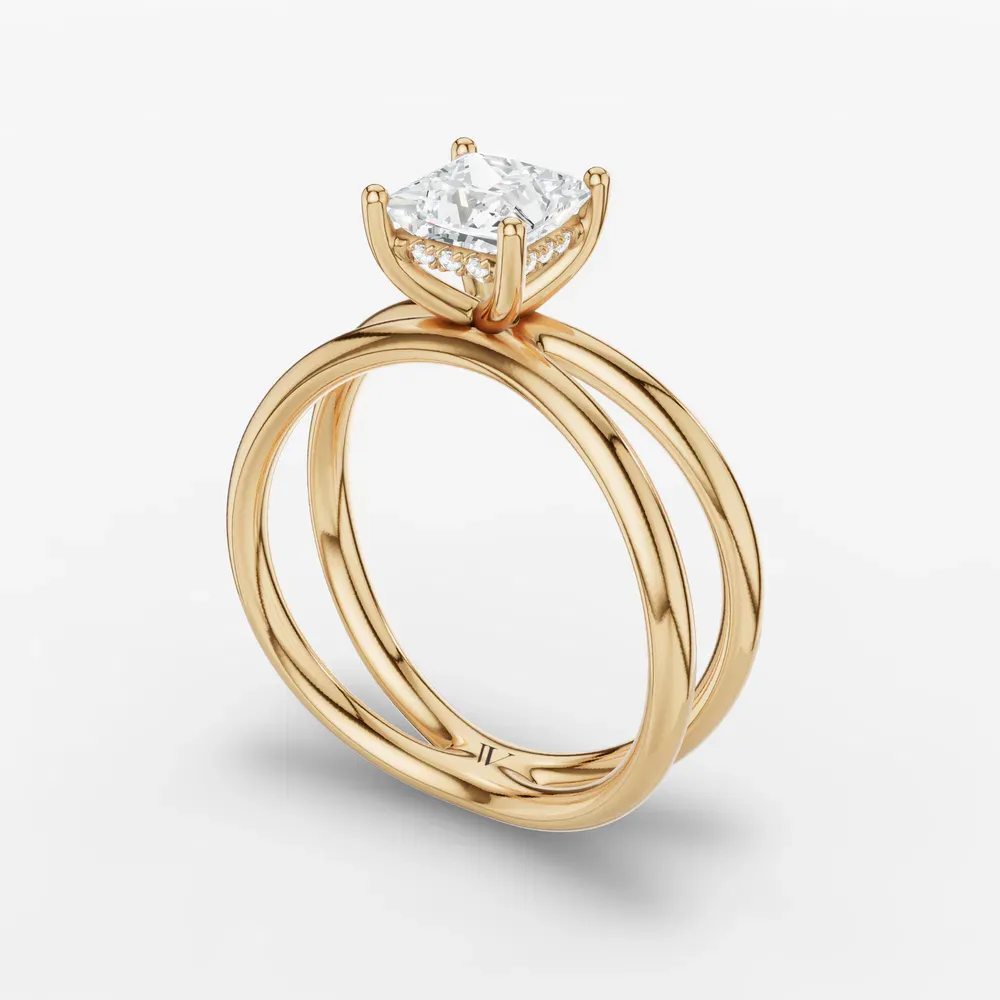 Certified 1 carat Lab Grown Diamond Princess Cut Solitaire, Split Shank, Hidden Halo Engagement Ring in 14K Yellow Gold-Ryn
