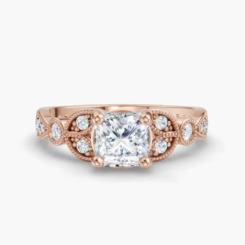 Certified 1 carat Lab Grown Diamond Princess Cut Milgrain, Vintage, Side Stone Engagement Ring in 14K Rose Gold-Skye