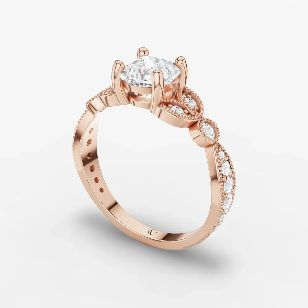 Certified 1 carat Lab Grown Diamond Princess Cut Milgrain, Vintage, Side Stone Engagement Ring in 14K Rose Gold-Skye