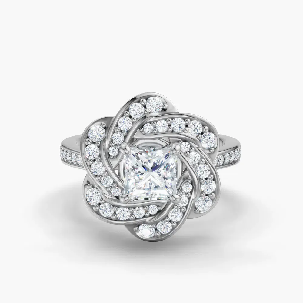 Certified 1 carat Lab Grown Diamond Princess Cut Floral, Nature inspired, Cathedral Engagement Ring in 14K White Gold-Vorina