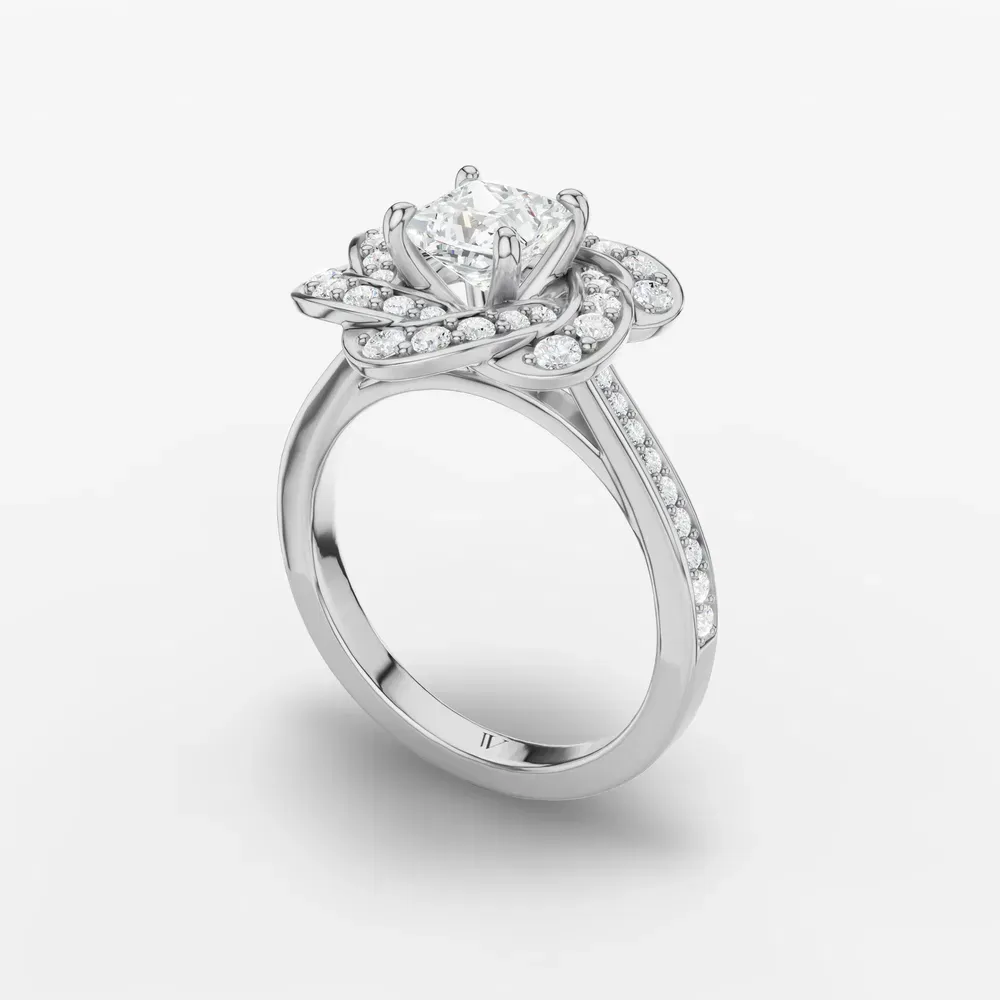 Certified 1 carat Lab Grown Diamond Princess Cut Floral, Nature inspired, Cathedral Engagement Ring in 14K White Gold-Vorina
