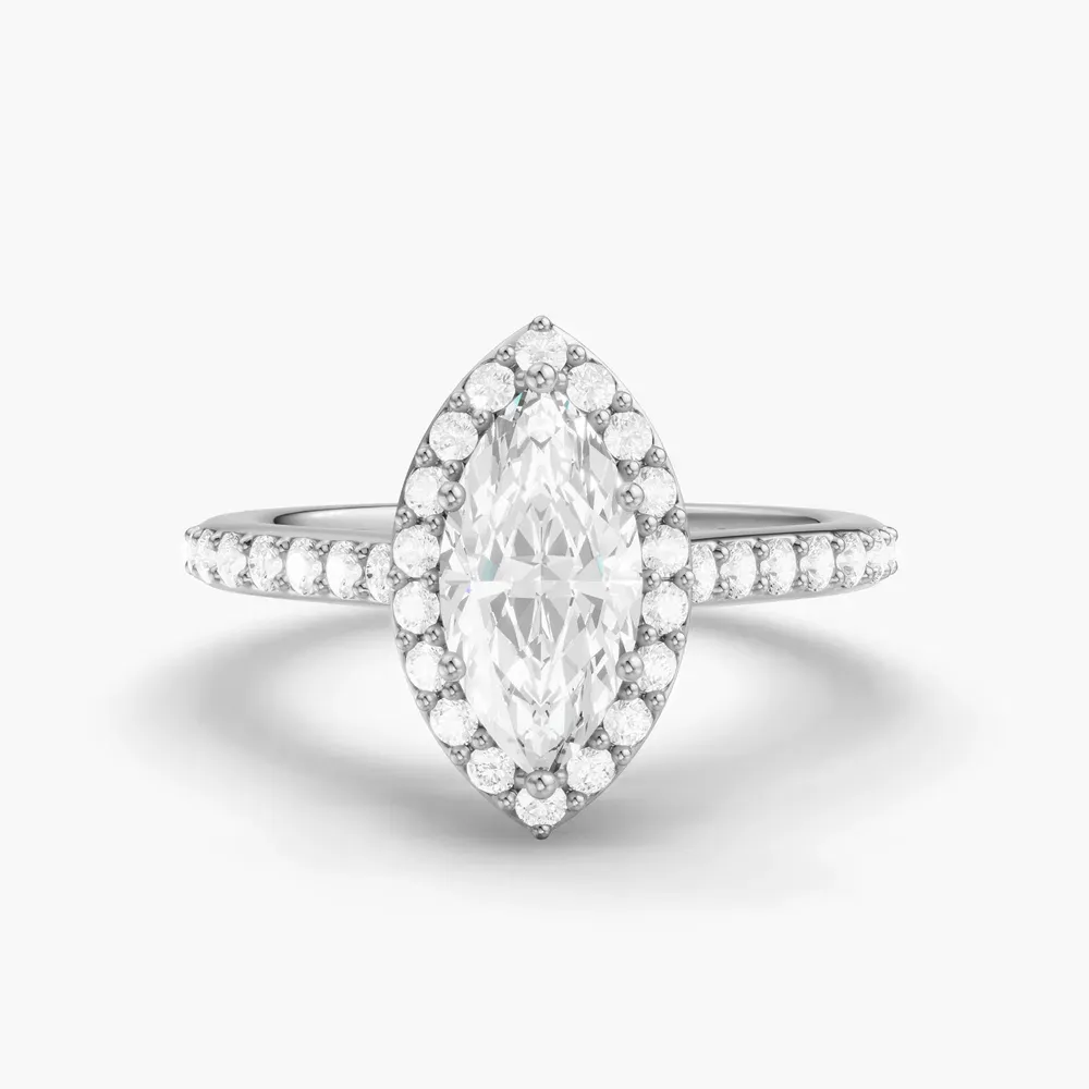Certified 1 carat Lab Grown Diamond Marquise Cut Pavé, Halo, Cathedral Engagement Ring in Platinum-Kvolt