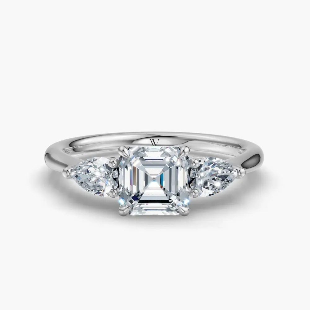 Certified 1 carat Lab Grown Diamond Asscher Cut Three Stone, Side Stone, Low profile Engagement Ring in Platinum-Hailu