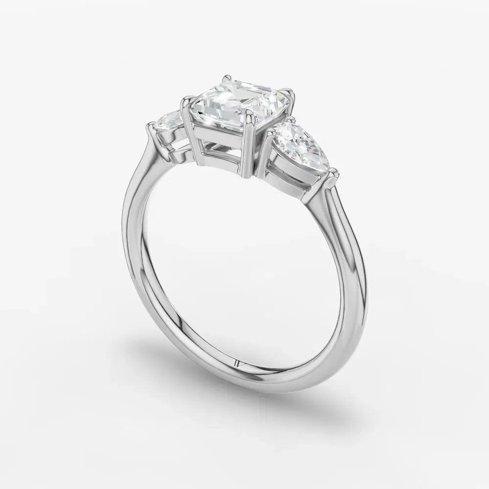 Certified 1 carat Lab Grown Diamond Asscher Cut Three Stone, Side Stone, Low profile Engagement Ring in Platinum-Hailu