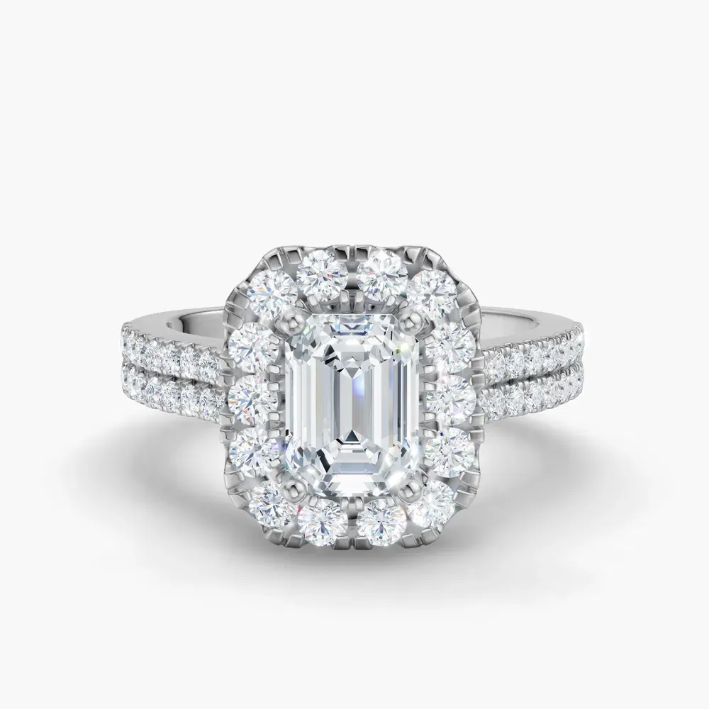 Certified 1 carat Lab Grown Diamond Emerald Cut Pavé, Halo, Cathedral Engagement Ring in Platinum-Maelis