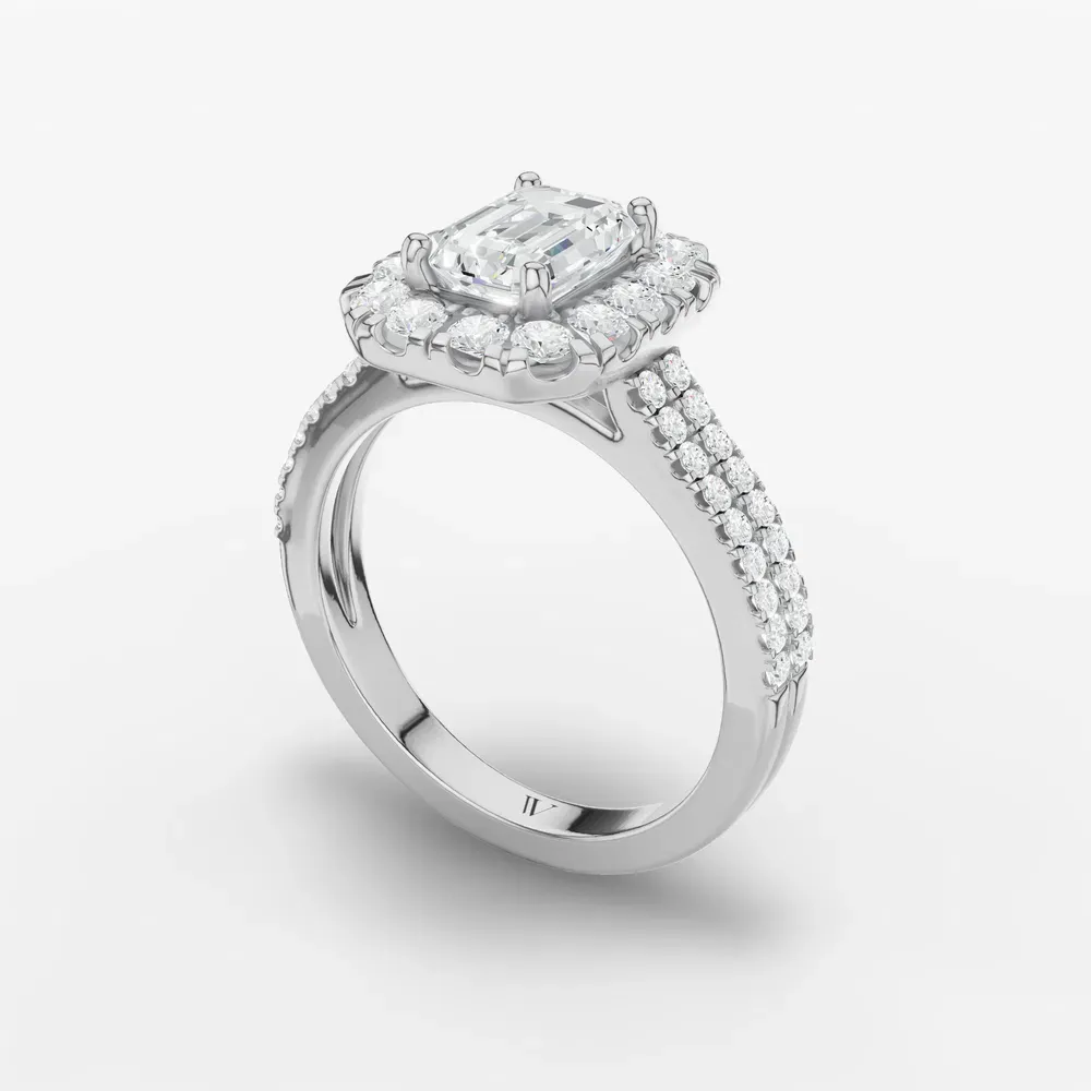 Certified 1 carat Lab Grown Diamond Emerald Cut Pavé, Halo, Cathedral Engagement Ring in Platinum-Maelis