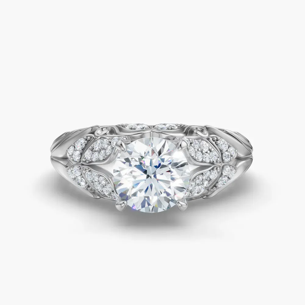 Certified 1 carat Lab Grown Diamond Round Cut Nature inspired, Pavé, Unique Engagement Ring in Platinum-Lyric