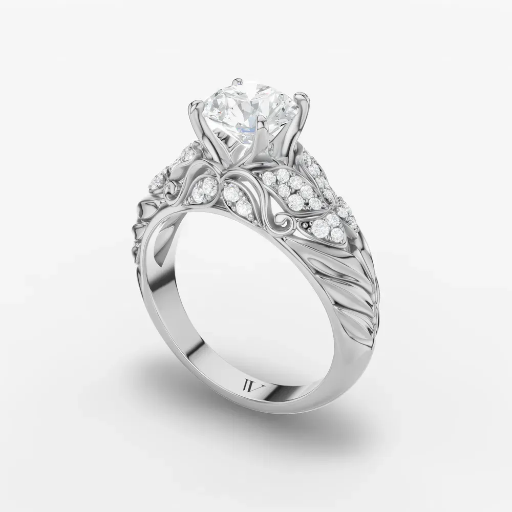 Certified 1 carat Lab Grown Diamond Round Cut Nature inspired, Pavé, Unique Engagement Ring in Platinum-Lyric