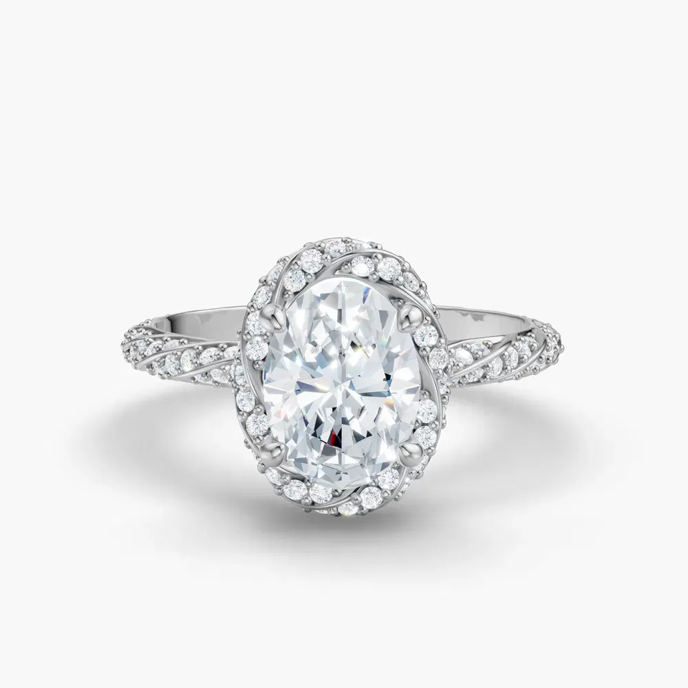 Certified 1 carat Lab Grown Diamond Oval Cut Halo, Floral, Twist Engagement Ring in Platinum-Moxl