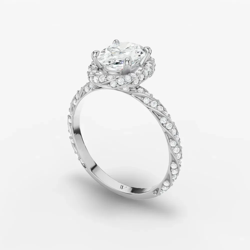 Certified 1 carat Lab Grown Diamond Oval Cut Halo, Floral, Twist Engagement Ring in Platinum-Moxl