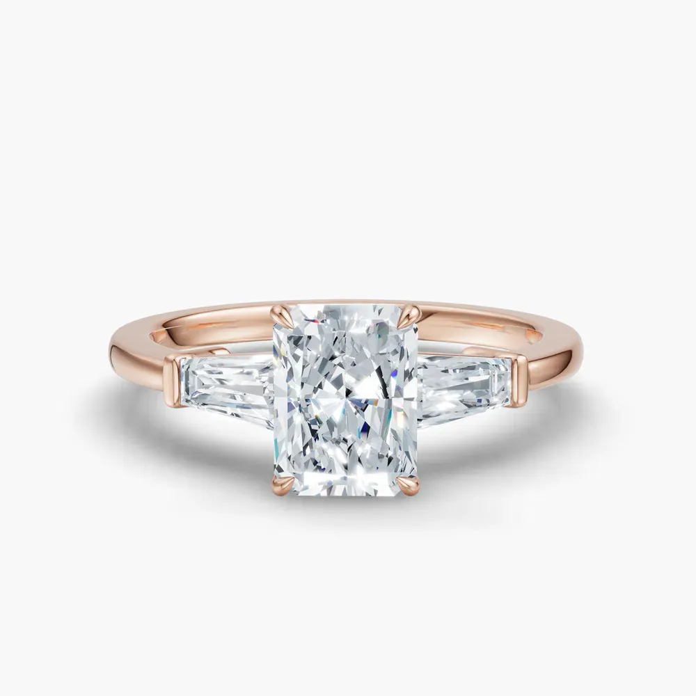 Certified 1 carat Lab Grown Diamond Radiant Cut Three Stone, Baguette, Cathedral Engagement Ring in 14K Rose Gold-Glyss