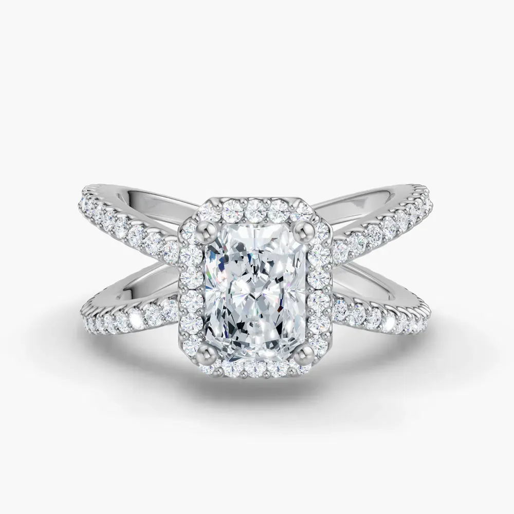 Certified 1 carat Lab Grown Diamond Radiant Cut Pavé, Halo, Split Shank Engagement Ring in 14K White Gold-Xylius