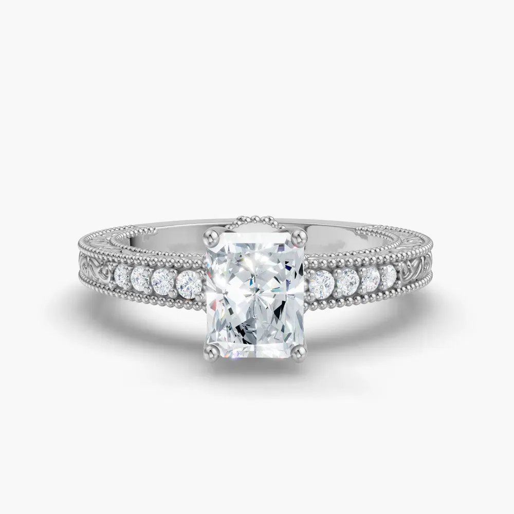 Certified 1 carat Lab Grown Diamond Radiant Cut Vintage, Milgrain, Side Stone Engagement Ring in 14K White Gold-Meren
